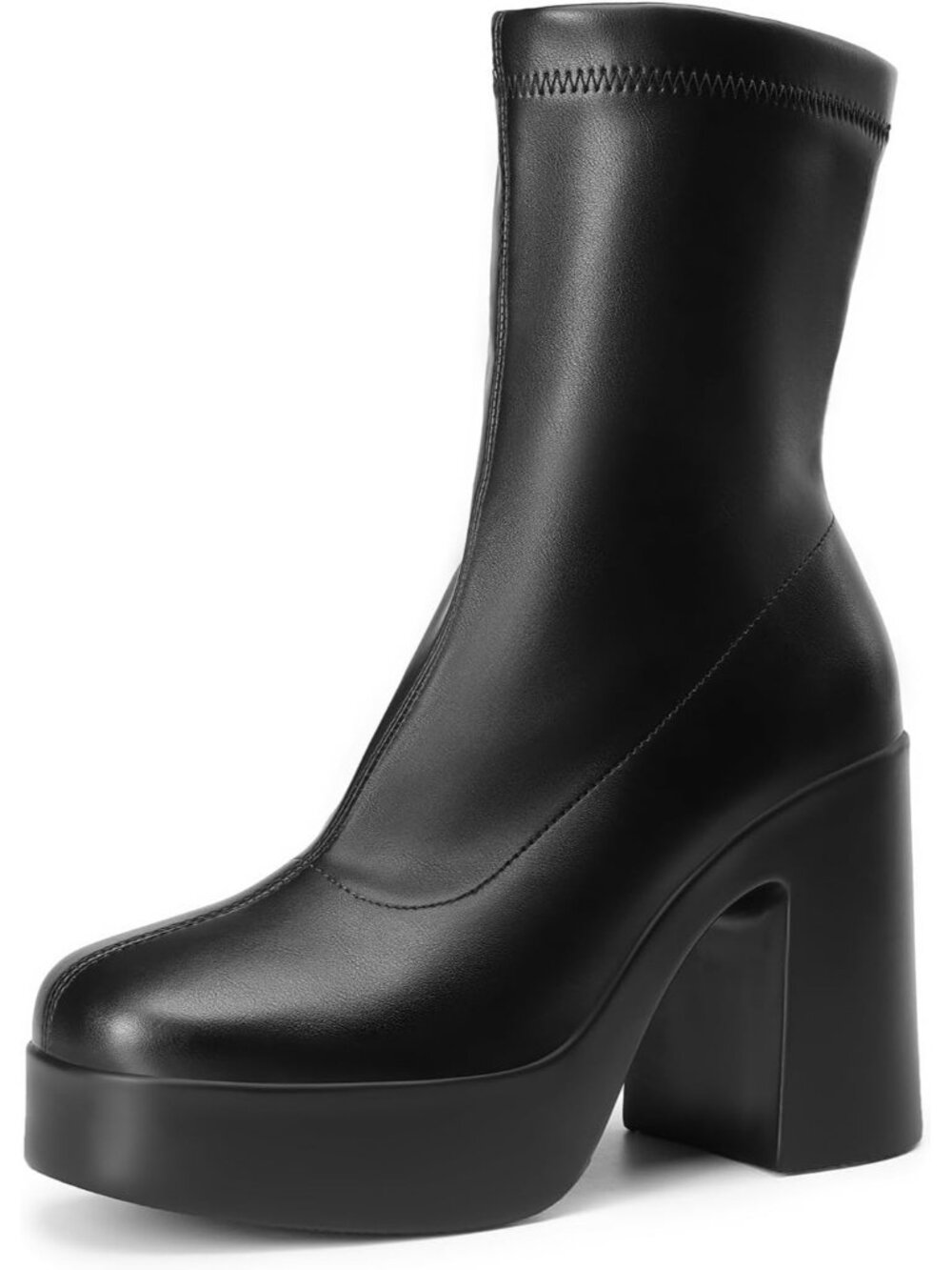 Women's Black Square Toe High Chunky Block Heel Platform Casual Ankle Booties
